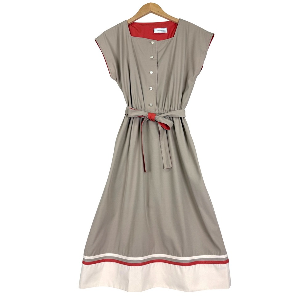 Warren Petites Vintage Taupe Pink Striped Midi‎ Dress Elastic Waist Belted 80s